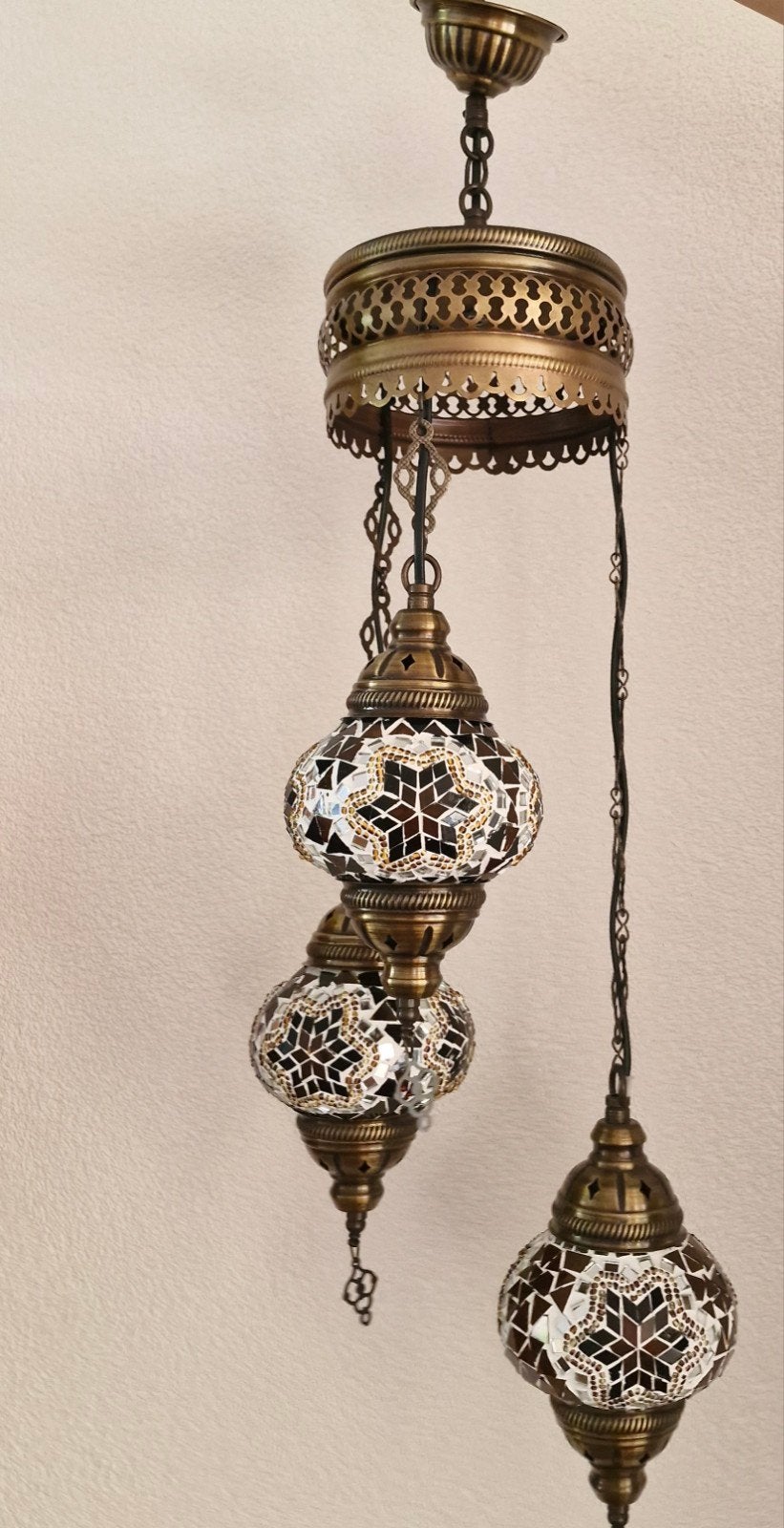 Oosterse Mozaïek Hanglamp met 3 Bollen, Huis en Inrichting, Lampen | Hanglampen, Gebruikt, E14 (klein), Ophalen of Verzenden, Glas