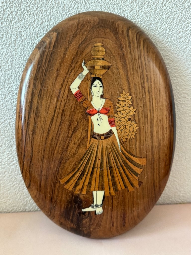 Vintage Indiase houten wandplaquette met houtinleg, Antiek en Kunst, Hout, Bruin, India, Handgemaakt