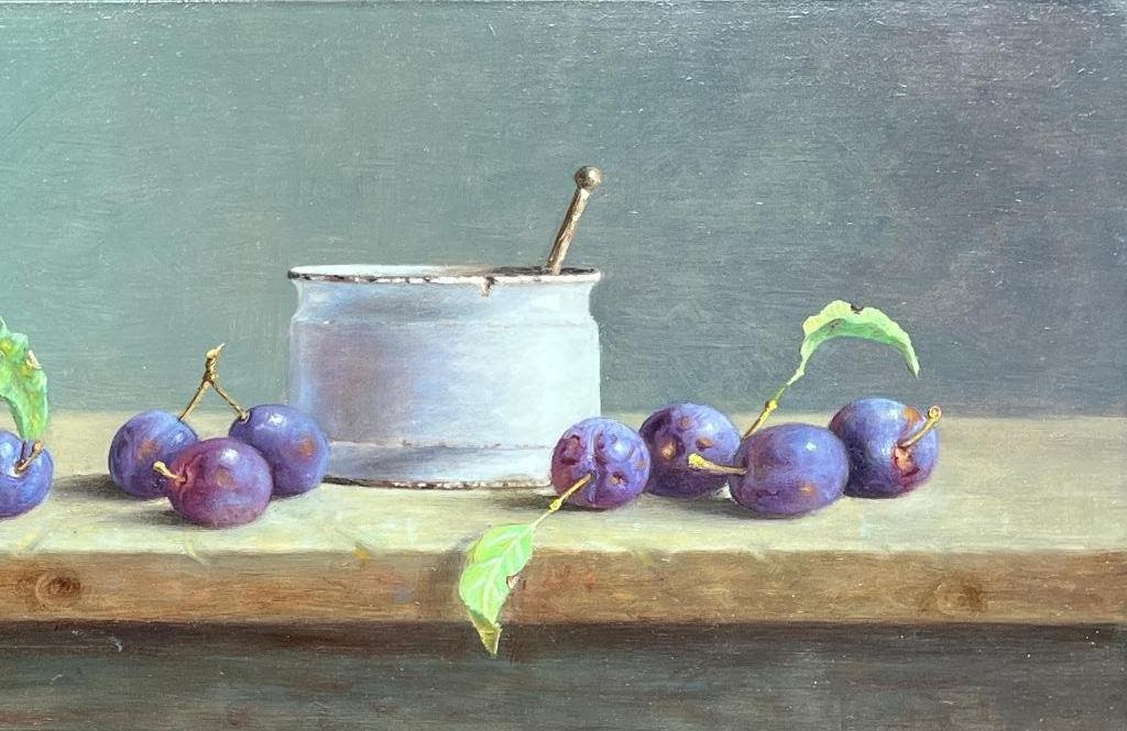 Schilderij kom en pruimen in een schaal. Hans Habraken., Ophalen of Verzenden