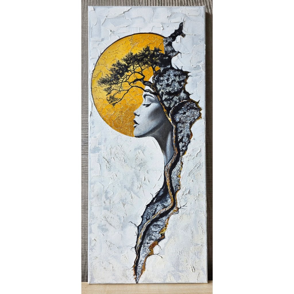 Schilderij Head Tree and Sun, Ophalen of Verzenden, Olieverf, Handgeschilderd, Portret