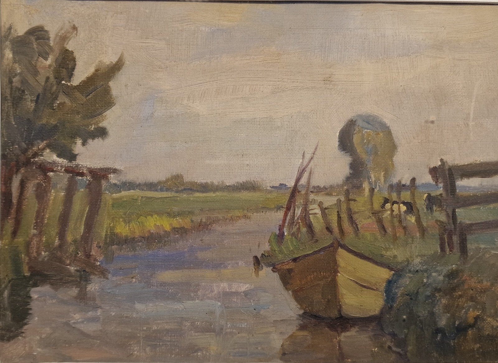 Twee impressionistische polderlandschappen, olieverf op maro, Ophalen of Verzenden