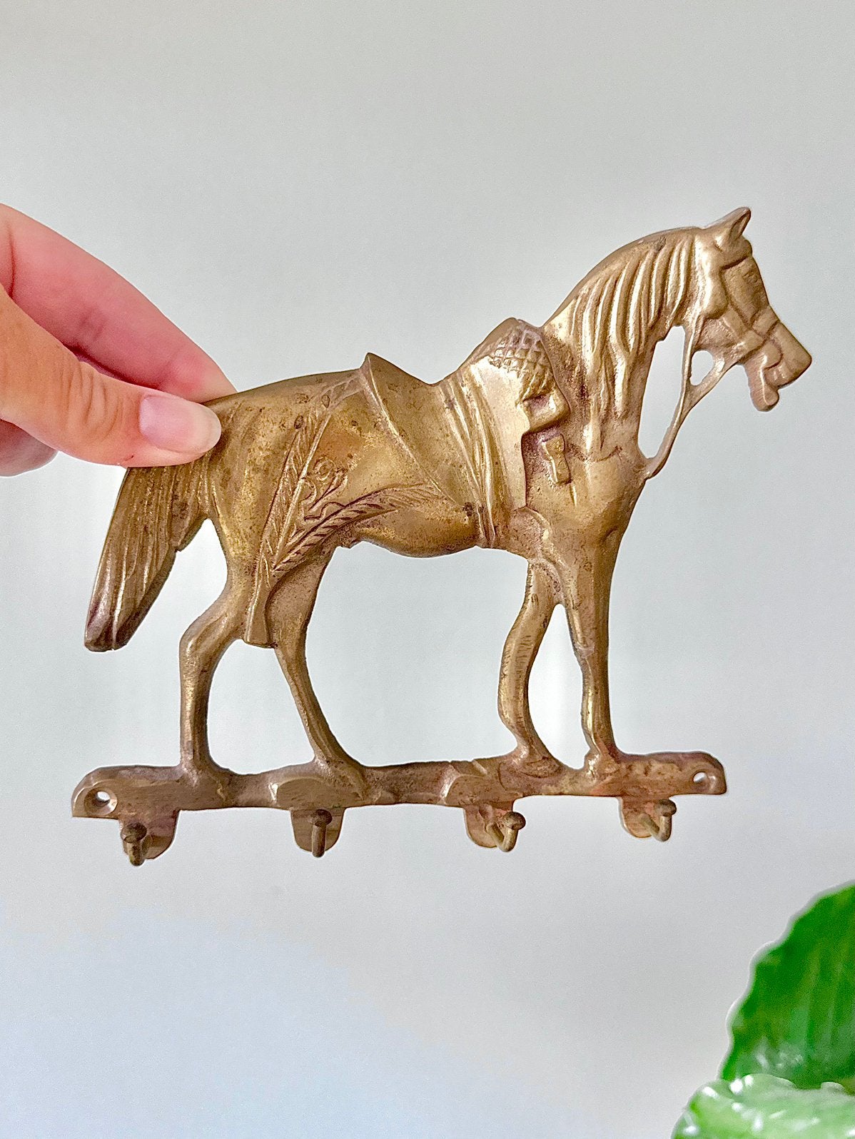 Vintage messing sleutelrekje keukendoek rek kapstokje paard, Ophalen of Verzenden