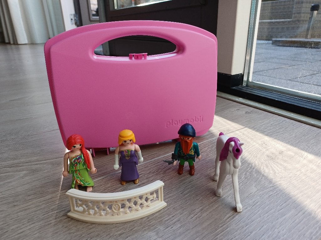 Roze playmobil opbergkoffertje met poppetjes, Ophalen of Verzenden, Gebruikt, Losse onderdelen, Figuren