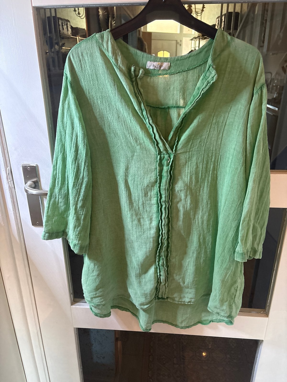 By Coco Groene Linnen Blouse - Maat L, Ophalen of Verzenden, Zo goed als nieuw, Maat 38/40 (M), Groen
