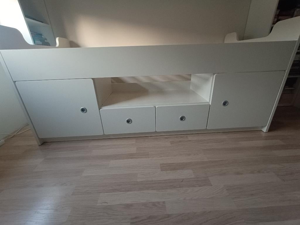Halfhoog slaper + opbergruimte - 90x200cm - wit, Ophalen, Gebruikt, Hoogslaper