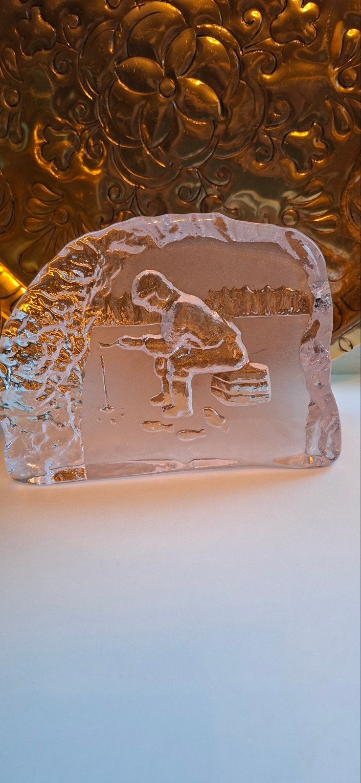 Zweedse kristal glasblok, ijsvissen, rendier, sami, Ophalen of Verzenden