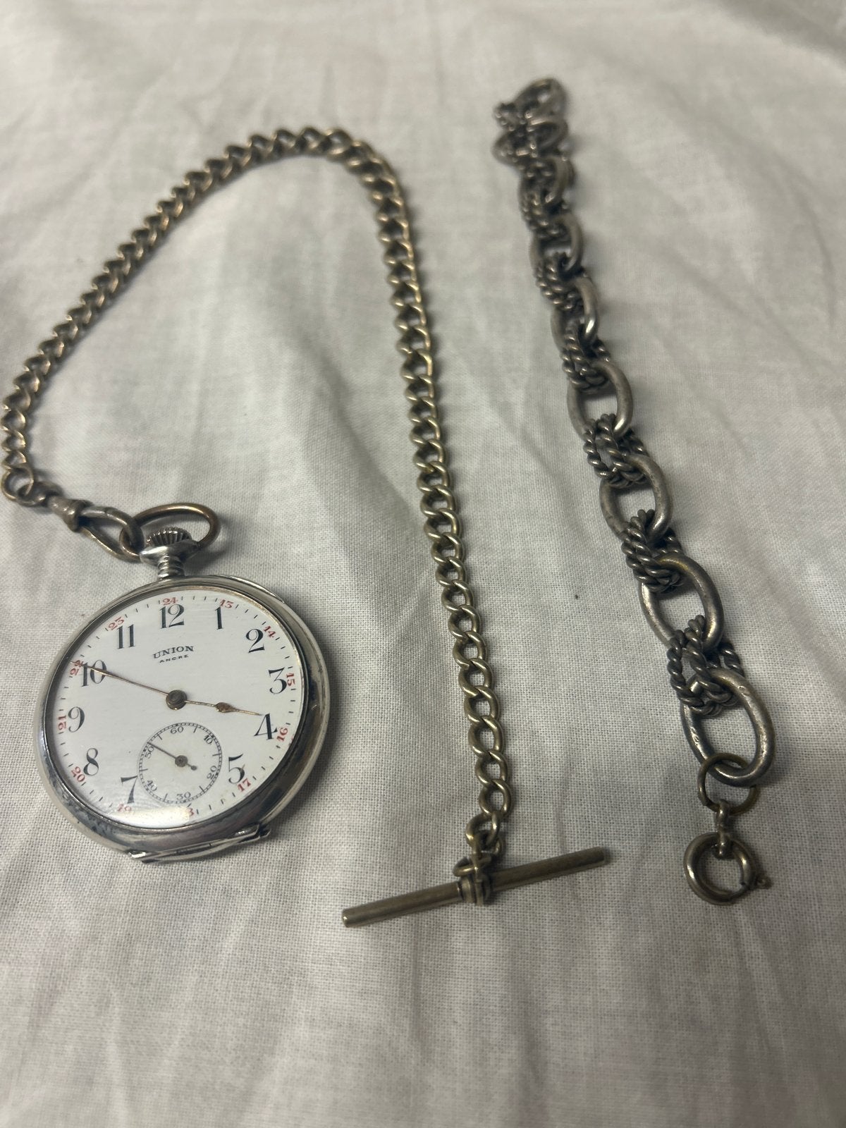 Antiek Union Ancre Zakhorloge - 0.800 Zilver met Ketting, Overige merken, Zakhorloge, 1900 tot 1930, Ophalen of Verzenden