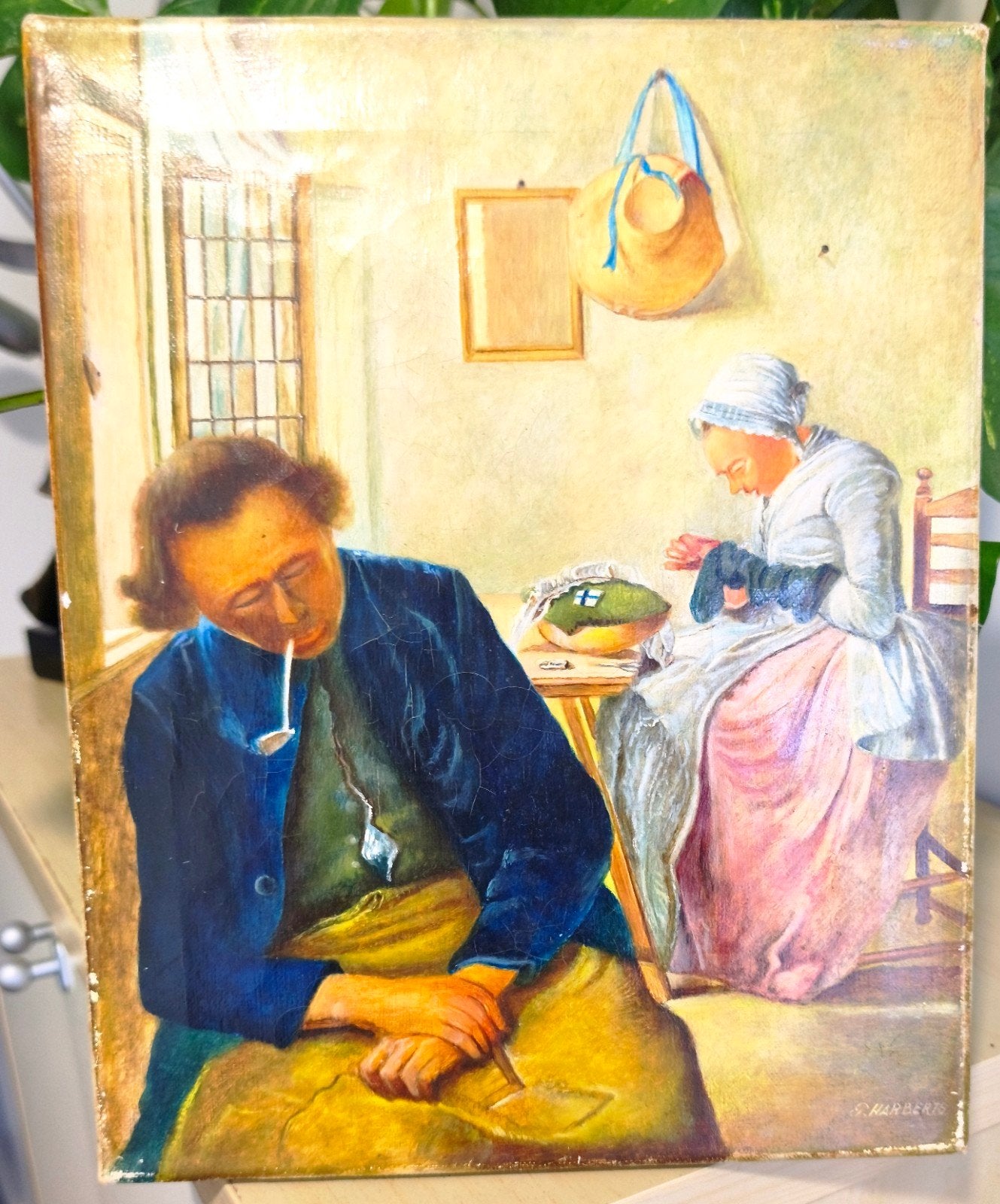​R. Harberts - Olieverf op doek (naar W. Hendriks) 30x24, Doek, Portret of Personen, Oud hollands, Ophalen of Verzenden