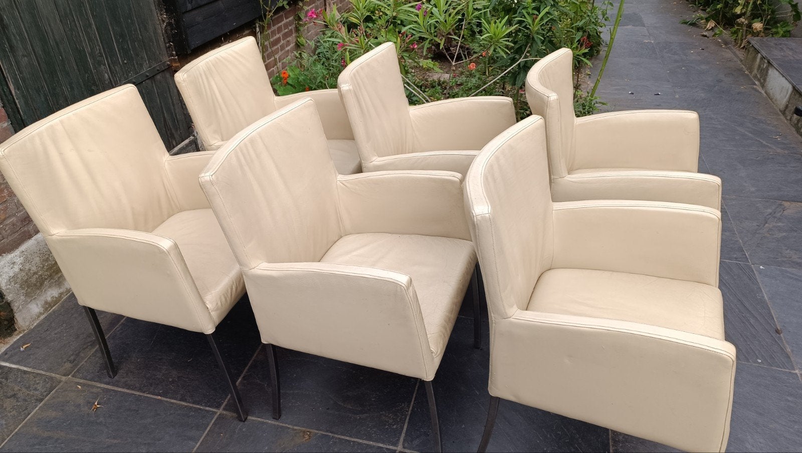 6 Witte Echt Lederen Eetkamerstoelen, Ophalen, Gebruikt, Wit, Leer