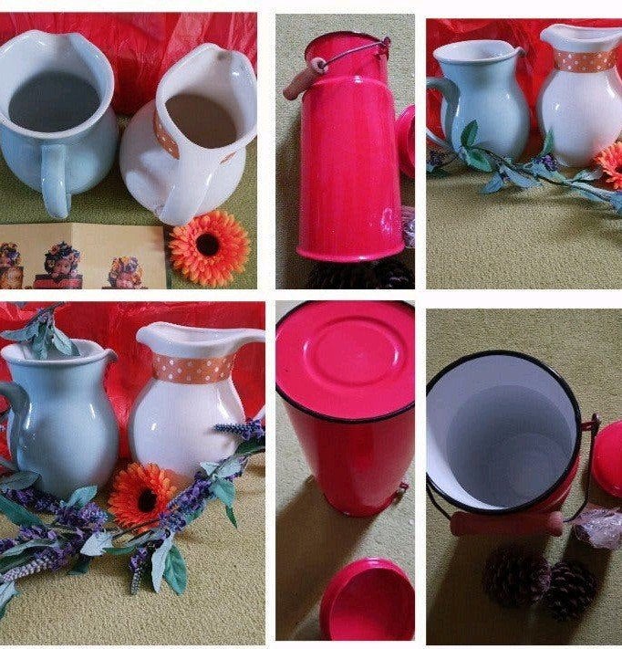 2 kannen (gebrok wit poeder blauw) en 1 rood emaille melkbus, Ophalen of Verzenden