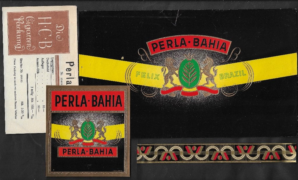 Carl Bruning  set  etiket  Perla Bahia, Ophalen of Verzenden, Gebruikt, Sigarenbandjes