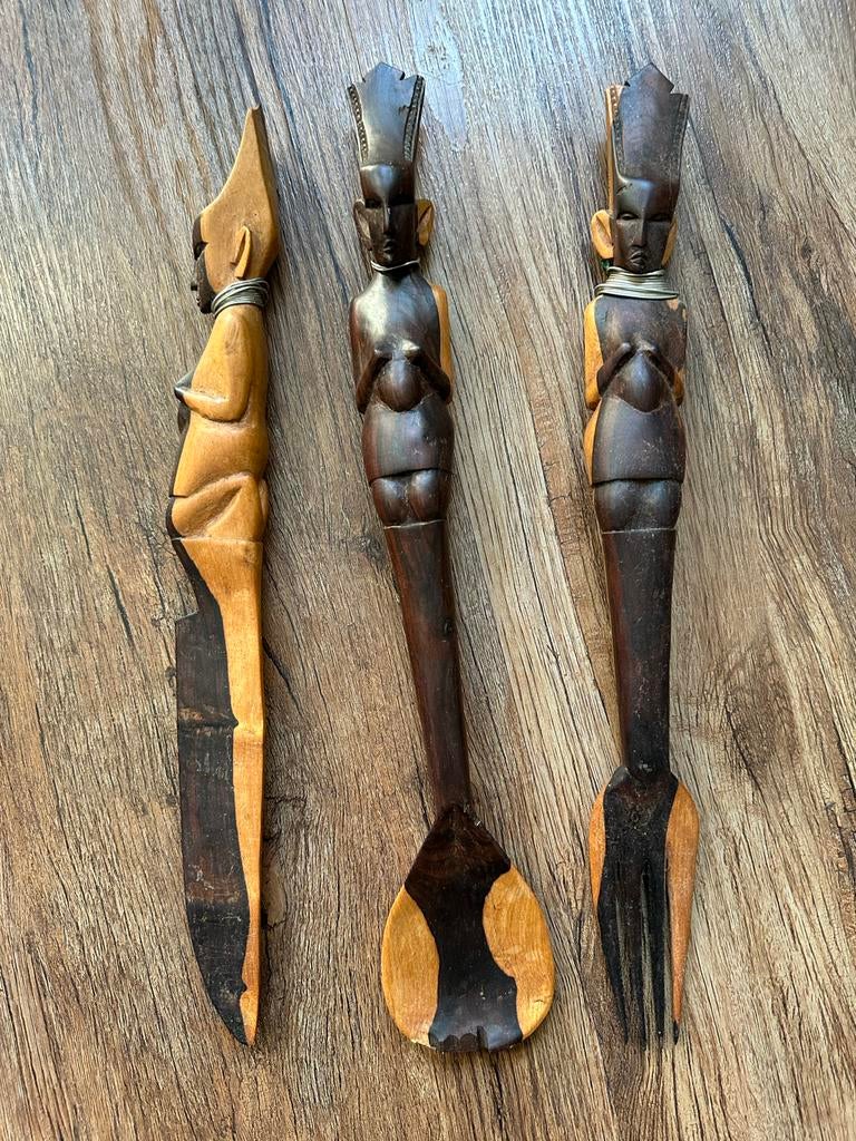 Set van 3 handgesneden Afrikaans houten “bestek”, Antiek en Kunst, Overige onderwerpen, Houtsnijwerk, Ophalen of Verzenden, Handgemaakt