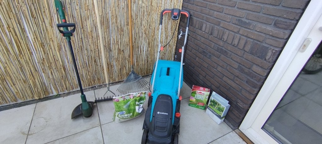 Grasmaaimachine, kanten knipper, harken, Ophalen, Gebruikt, Elektrische grasmaaier, Opvangbak