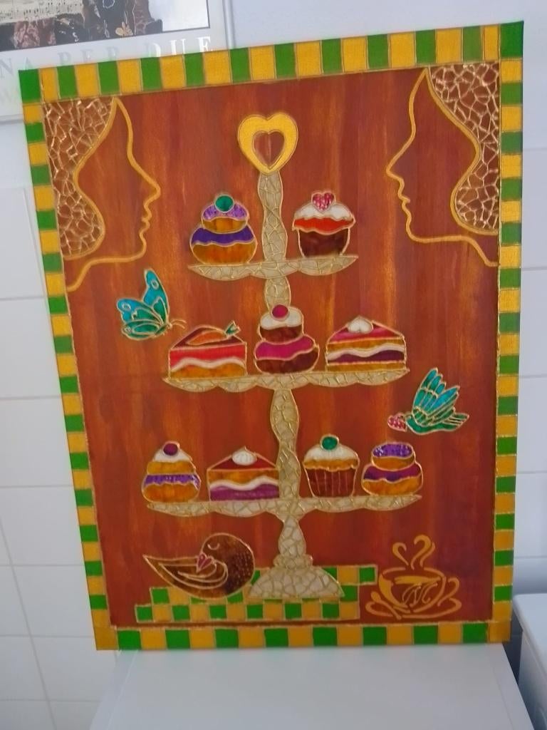 Gezellig kleurrijk schilderij met taartjes in de keuken, Antiek en Kunst, Ophalen