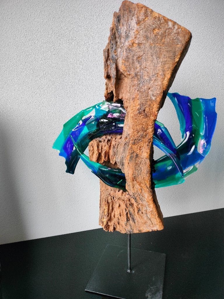 Art Object sculptuur – Hout & Glasfusing – 1980 Drijfhout, Overige typen, Glas, Handgemaakt, 50 - 100 cm