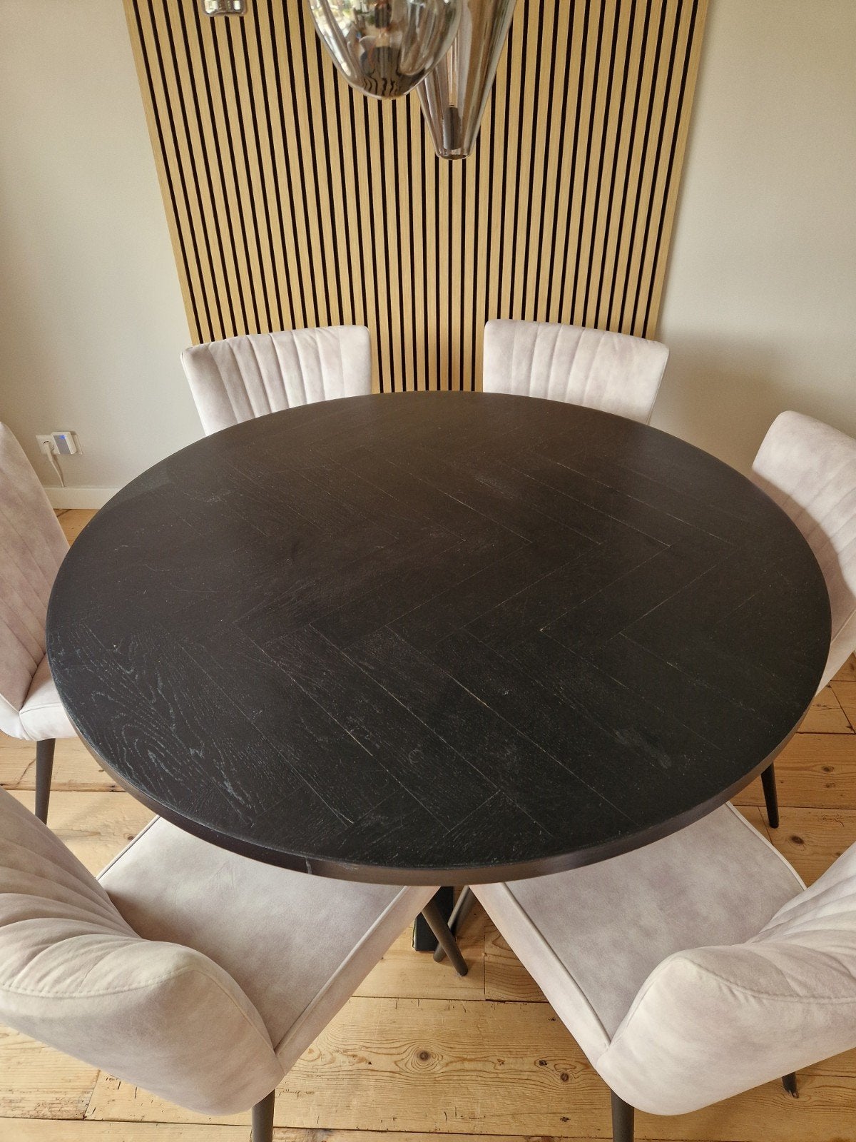 Eiken eettafel (140 cm) met 6 Goossens Rob stoelen, Ophalen, Gebruikt, Vijf personen of meer, 100 tot 150 cm