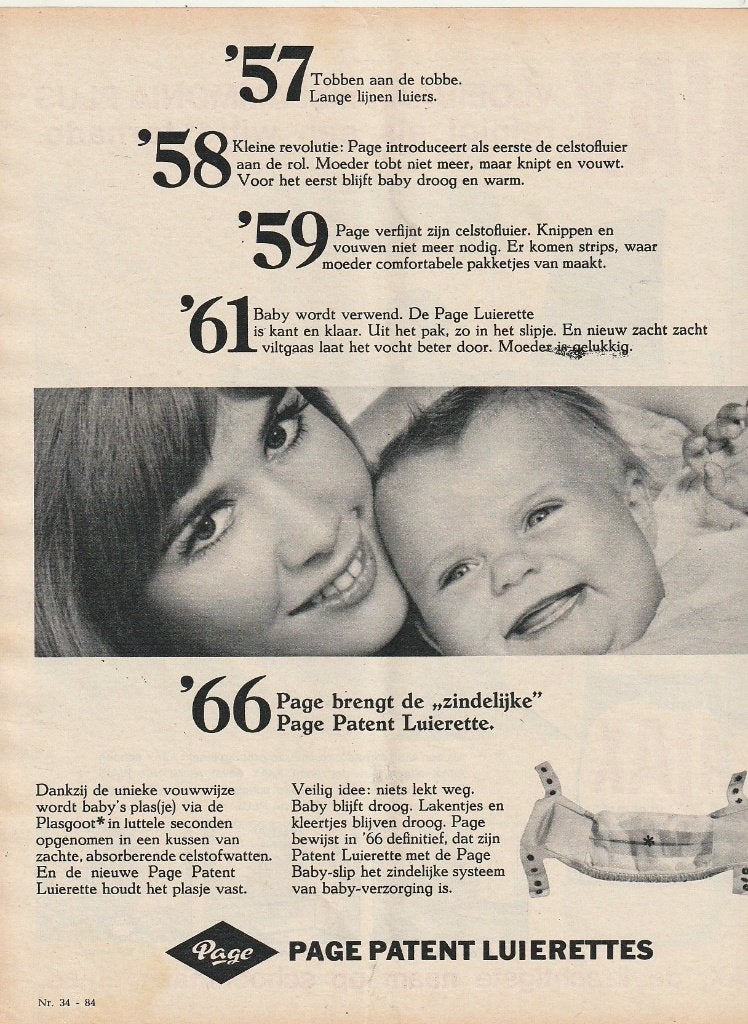 retro reclame 1966 Page luierettes baby luiers uniek zuiver, Verzamelen, Retro, Verzenden, Overige typen