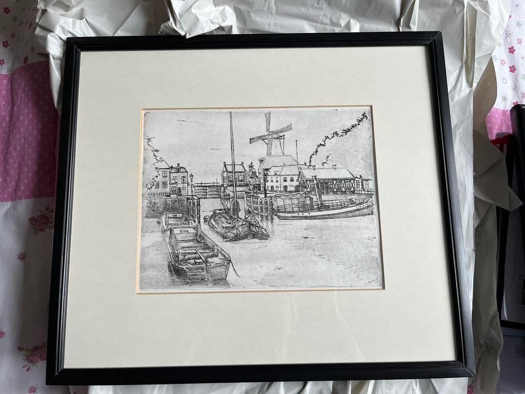 Ets / tekening Gorinchem haven, Antiek en Kunst, Kunst | Etsen en Gravures, Ophalen of Verzenden