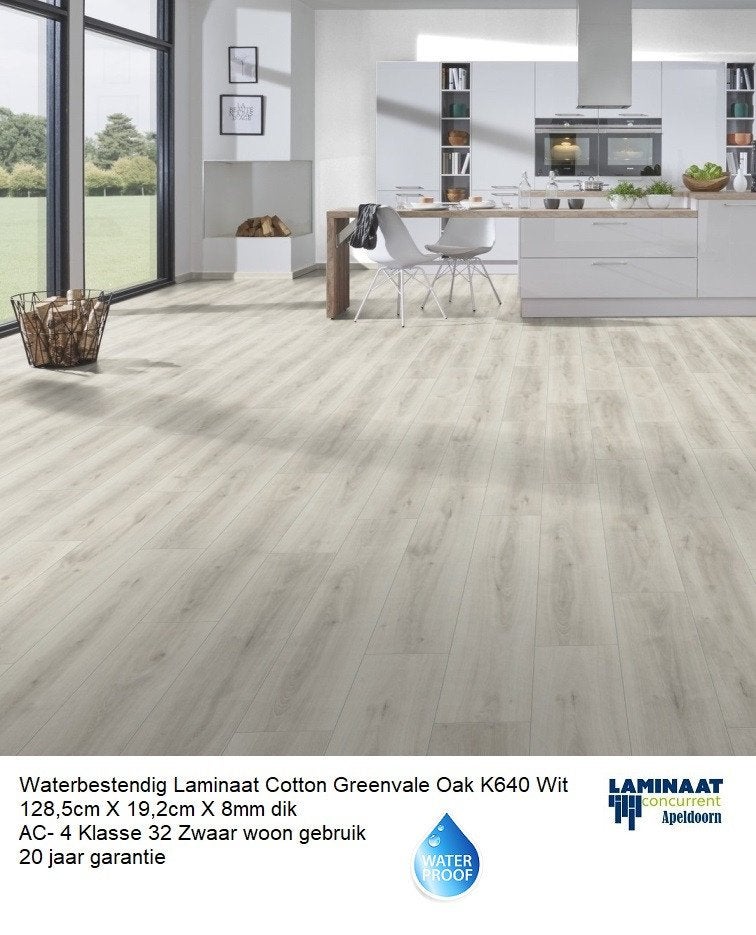Waterbestendig Laminaat Cotton Greenvale Wit K640 8mm dik, Laminaat waterbestendig Wit kleur, Wit, Nieuw, Ophalen of Verzenden