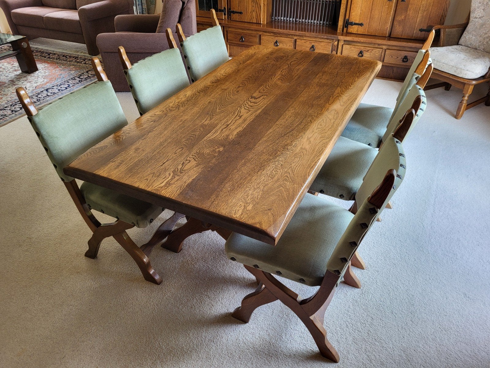 Eethoek met 6 stoelen, eikenhout, stoffen bekleding, Ophalen