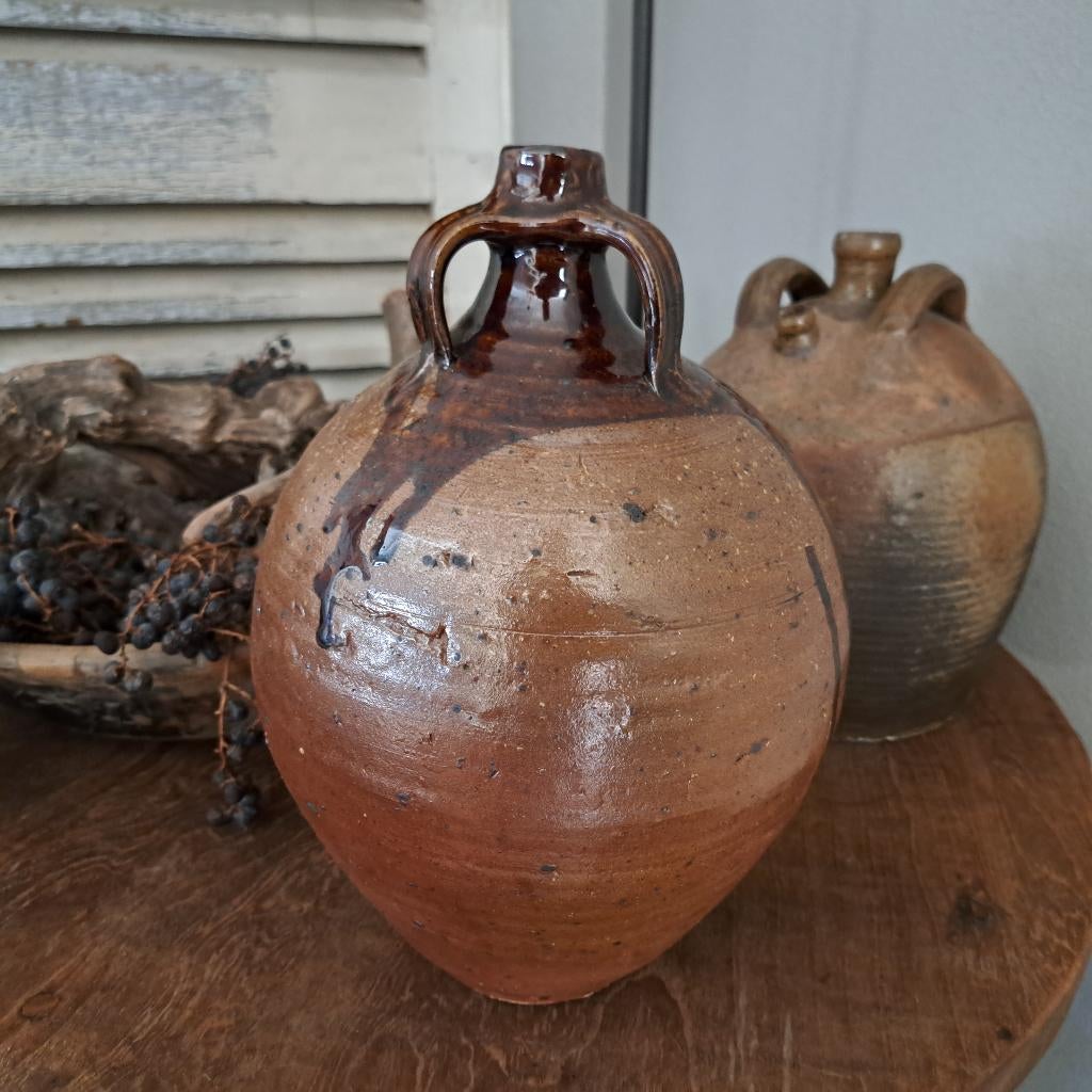 Brocante oude Franse aardewerk kruik 3 handgreepjes *Etage3*, Gebruikt, ., Ophalen of Verzenden, .