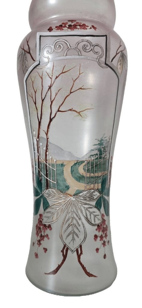 Art nouveau Opaline vaas met emaillen decoratie., Antiek en Kunst, Ophalen of Verzenden