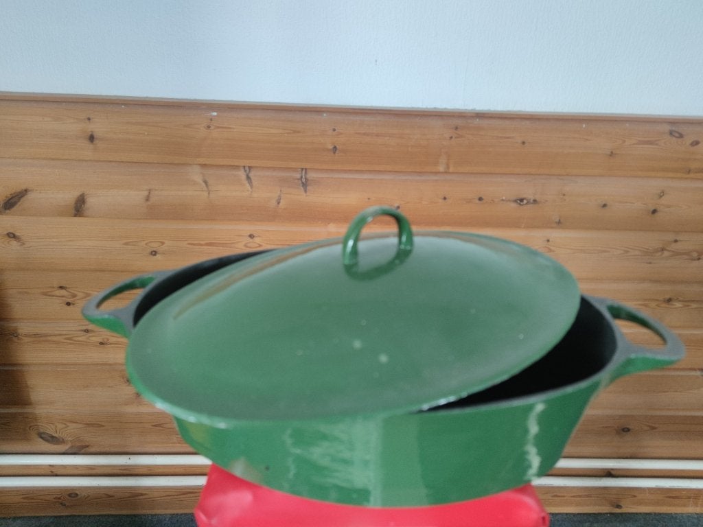 Gietijzeren braadslee, groen glazuur, Ophalen, Gebruikt, Gietijzer, Keramische plaat