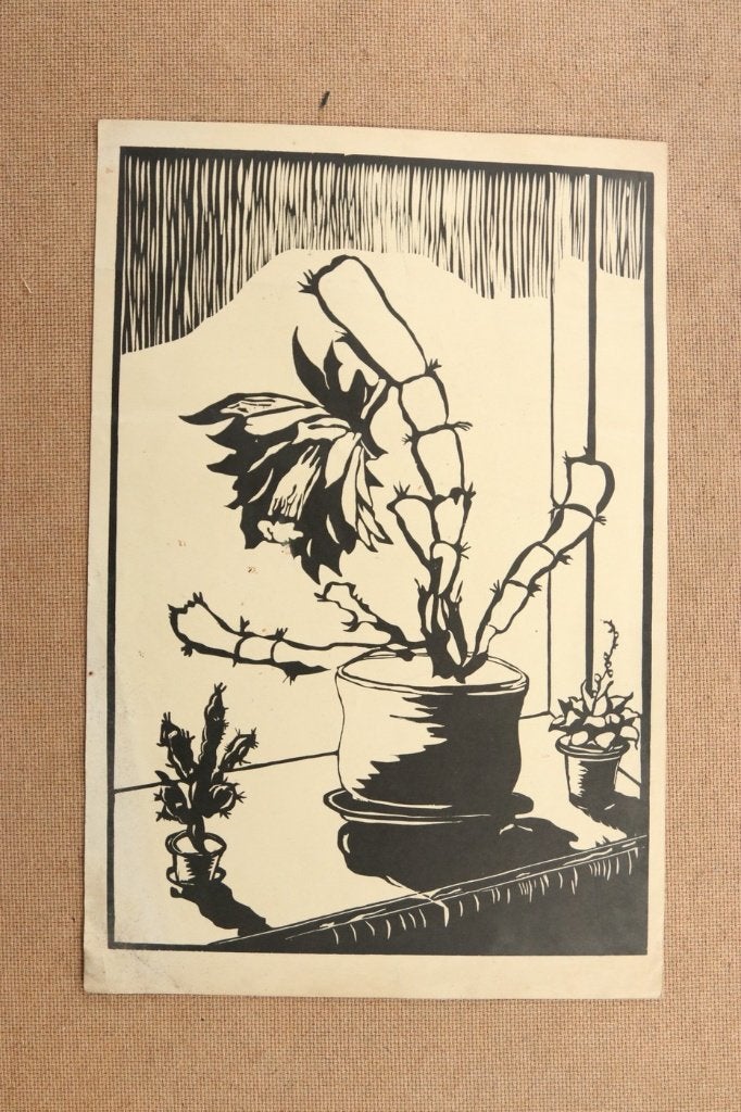 Linosnede bloeiende cactus op de vensterbank, ca. 1920–1940, Origineel, Ophalen, Dieren en Natuur, Linosnede