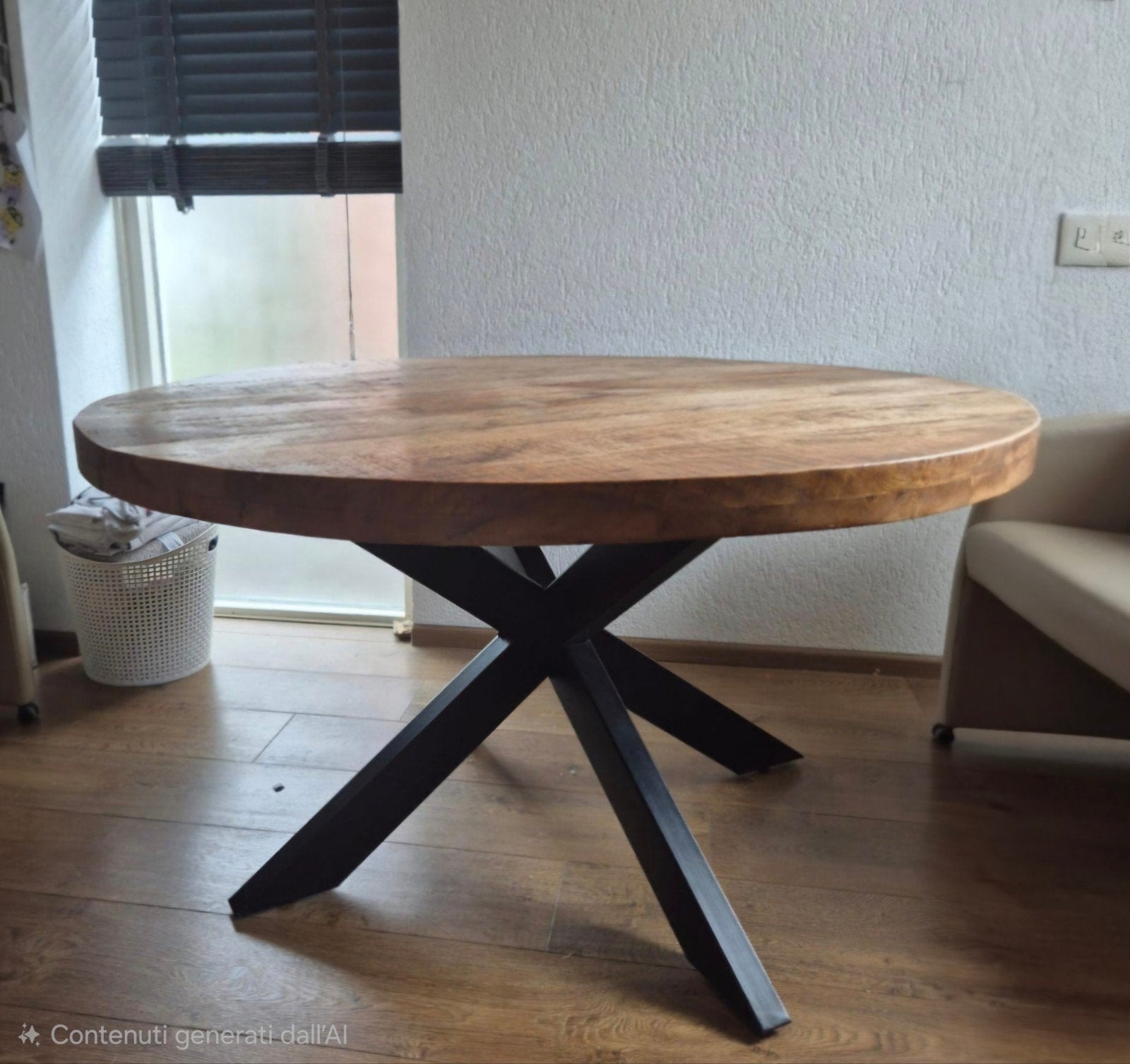 Ronde eettafel van mangohout met metalen onderstel, Rond, Industrieel, Modern, Zo goed als nieuw, Vier personen