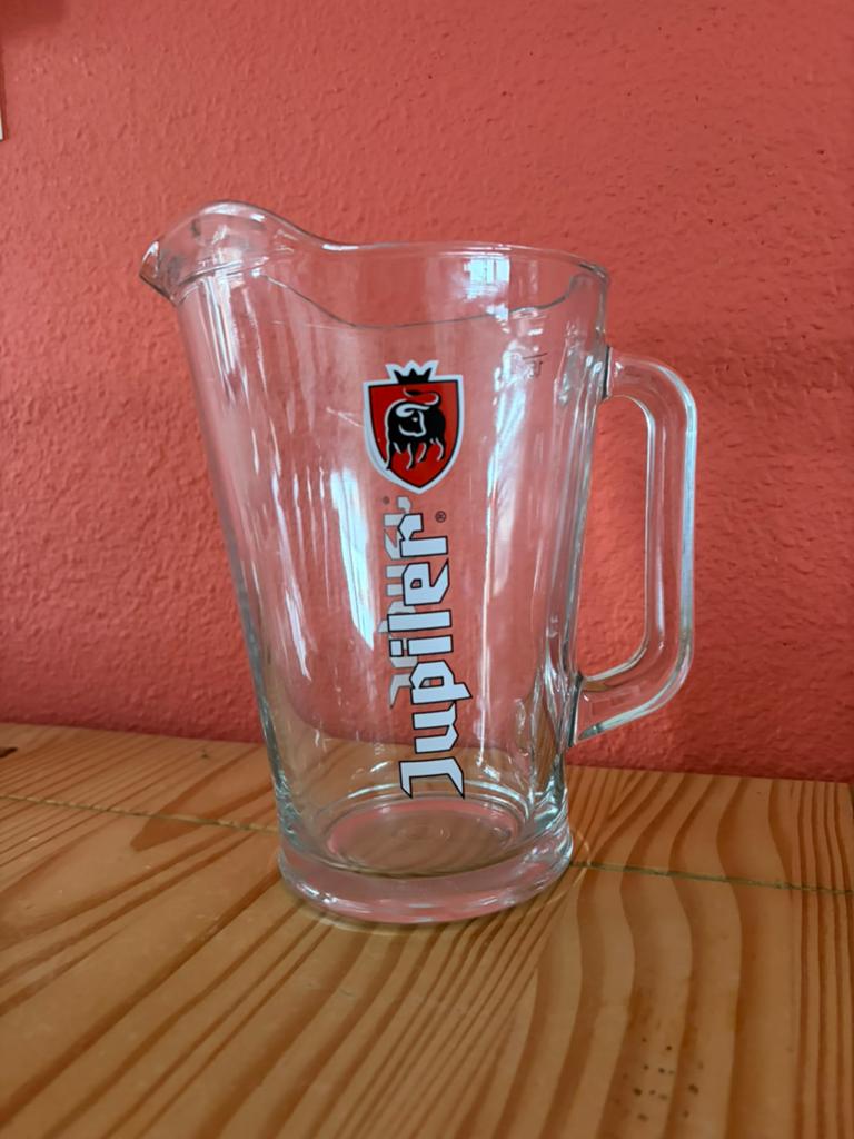 Jupiler Bierkan - Glazen Bierpul 1,5 liter, Verzamelen, Biermerken, Zo goed als nieuw, Glas of Glazen, Jupiler, Ophalen of Verzenden
