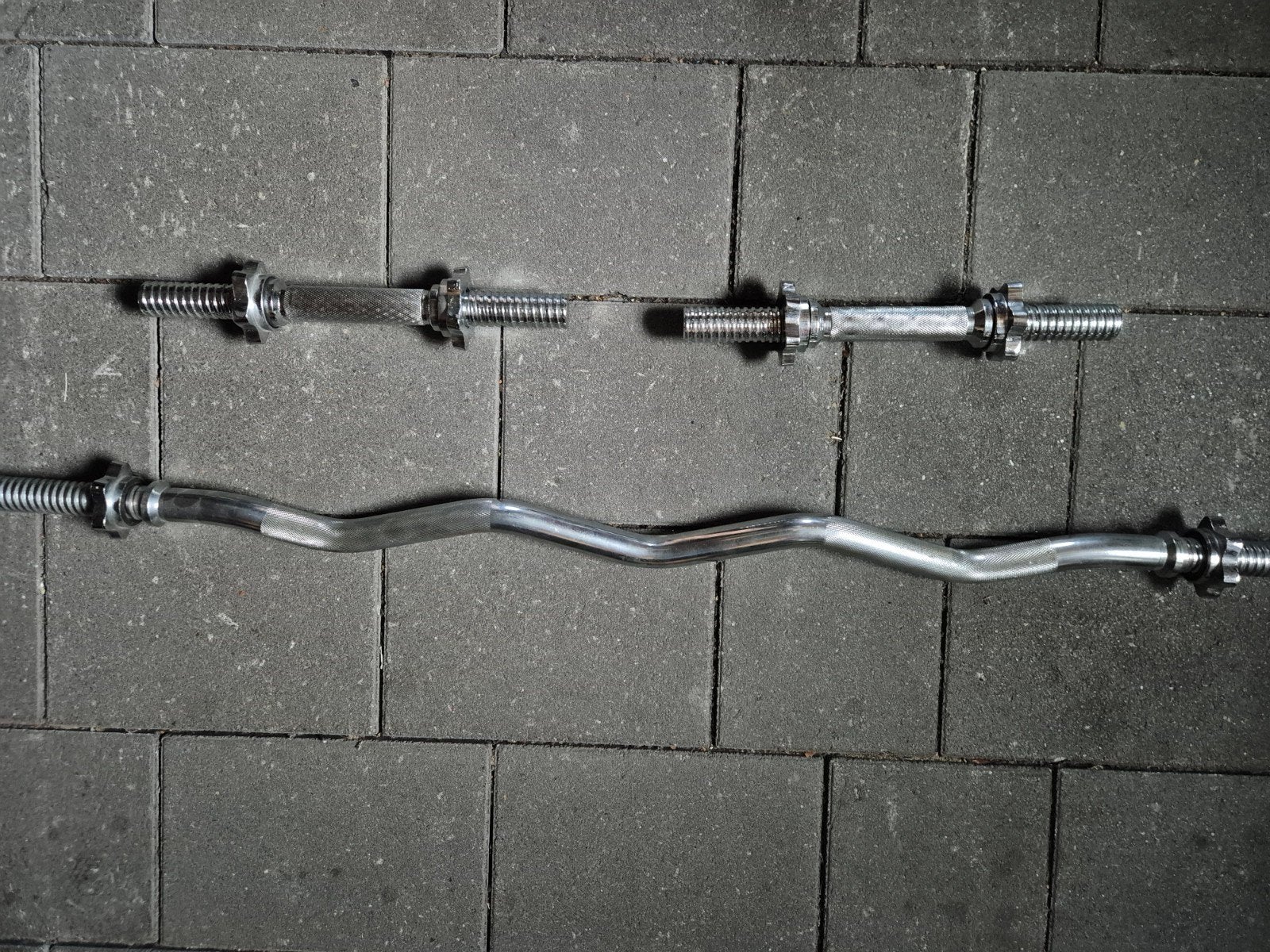 Halterstangen set nieuw: 2 korte, 1 lange EZ curl stang, Sport en Fitness, Fitnessmaterialen, Ophalen, Nieuw, Rug, Halterstangen
