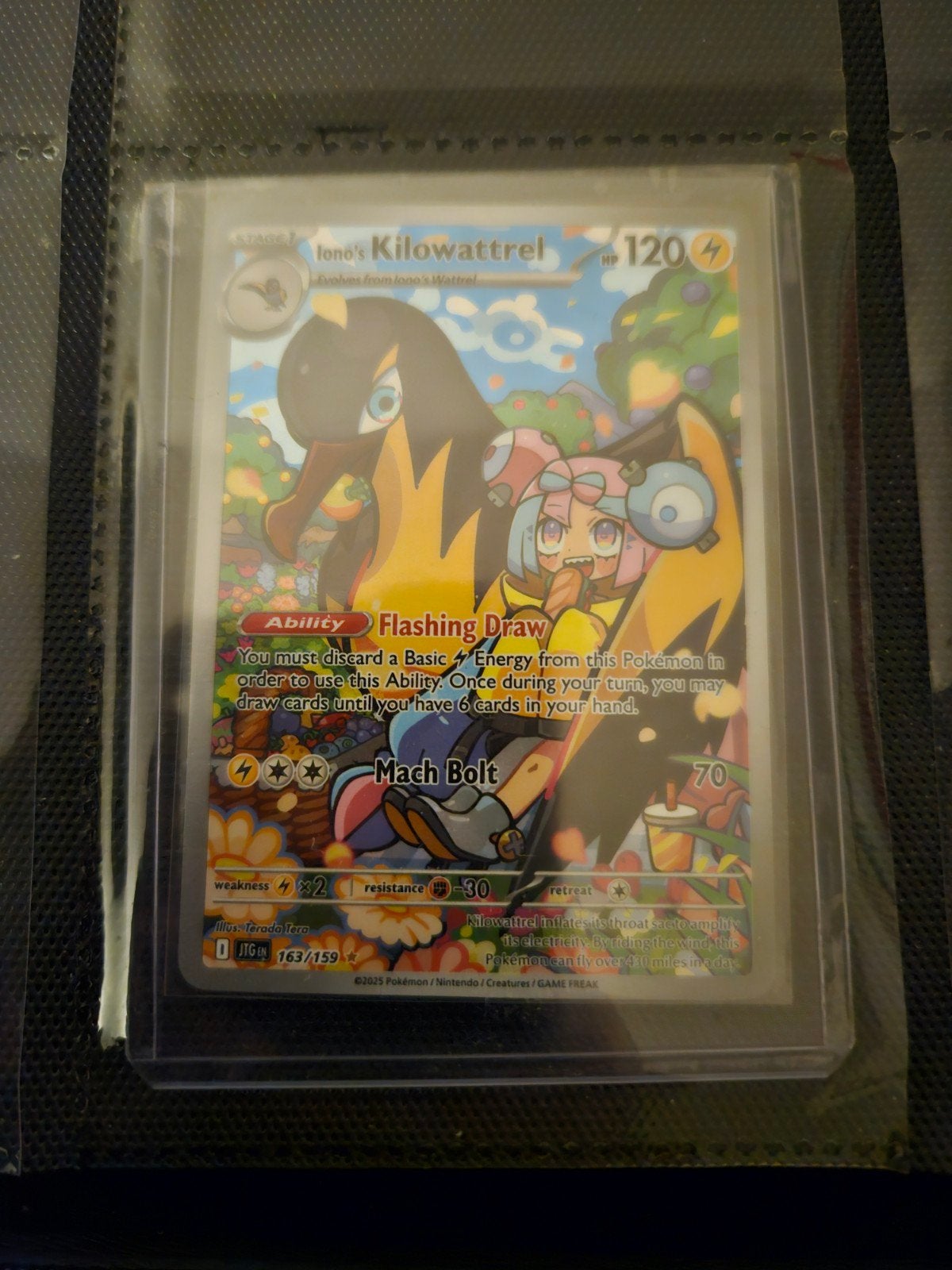 Pokemon Iono's Kilowattrel 163/159 Journey Toghter, Ophalen of Verzenden, Zo goed als nieuw, Losse kaart, Foil
