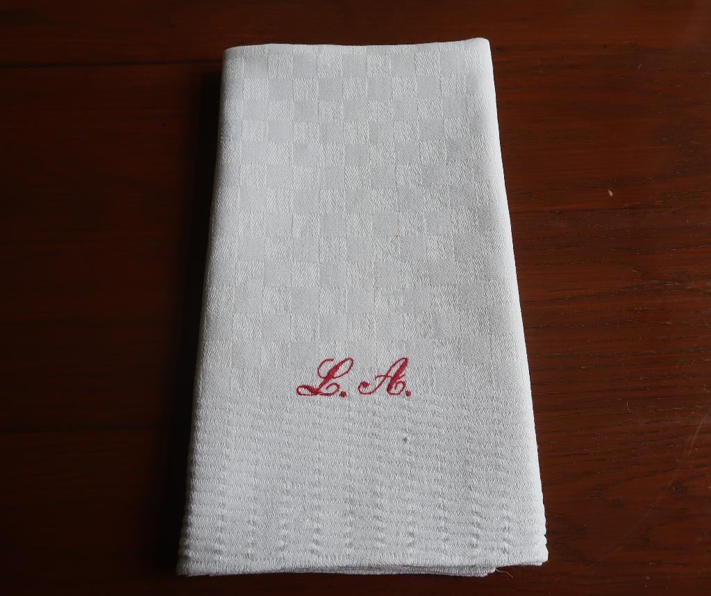 Antieke lange doek blokpatroon geborduurd monogram izgst, Antiek en Kunst, Ophalen of Verzenden