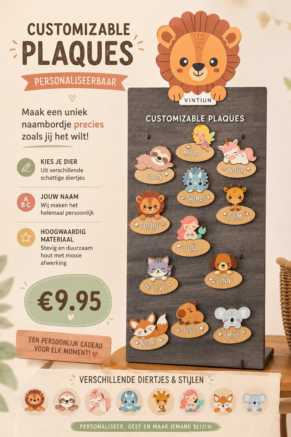 Gepersonaliseerd Naambordje met Schattige Dierenfiguren, Ophalen of Verzenden, Nieuw, Kraamcadeau