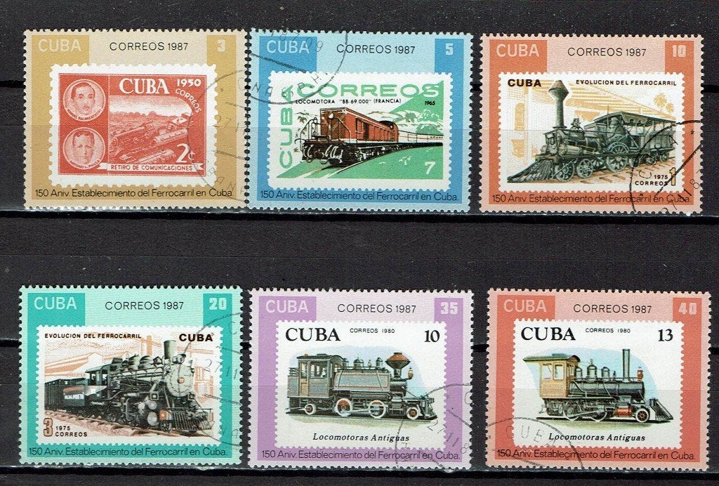postzegels treinen 150 jaar spoorwegen Cuba Michel 3142A/47A, Ophalen of Verzenden, Gestempeld, Treinen
