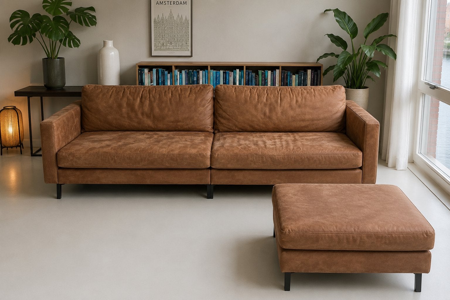 Comfortabele 4-zits ecolederen bank | Cognac, 250 tot 300 cm, Gebruikt, Ophalen of Verzenden, Rechte bank