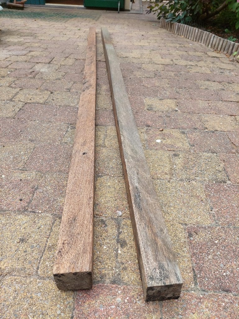 2 gebruikte hardhouten palen 2,70m, 6x6cm., Ophalen, Gebruikt, Palen, Hardhout
