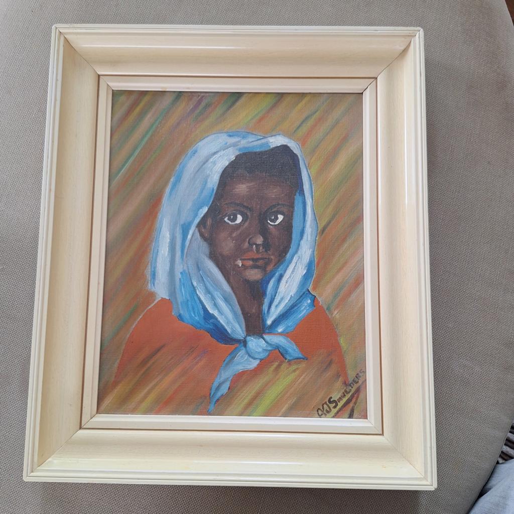 Schilderij op linnen: Meisje met blauwe hoofddoek, Antiek en Kunst, Ophalen of Verzenden