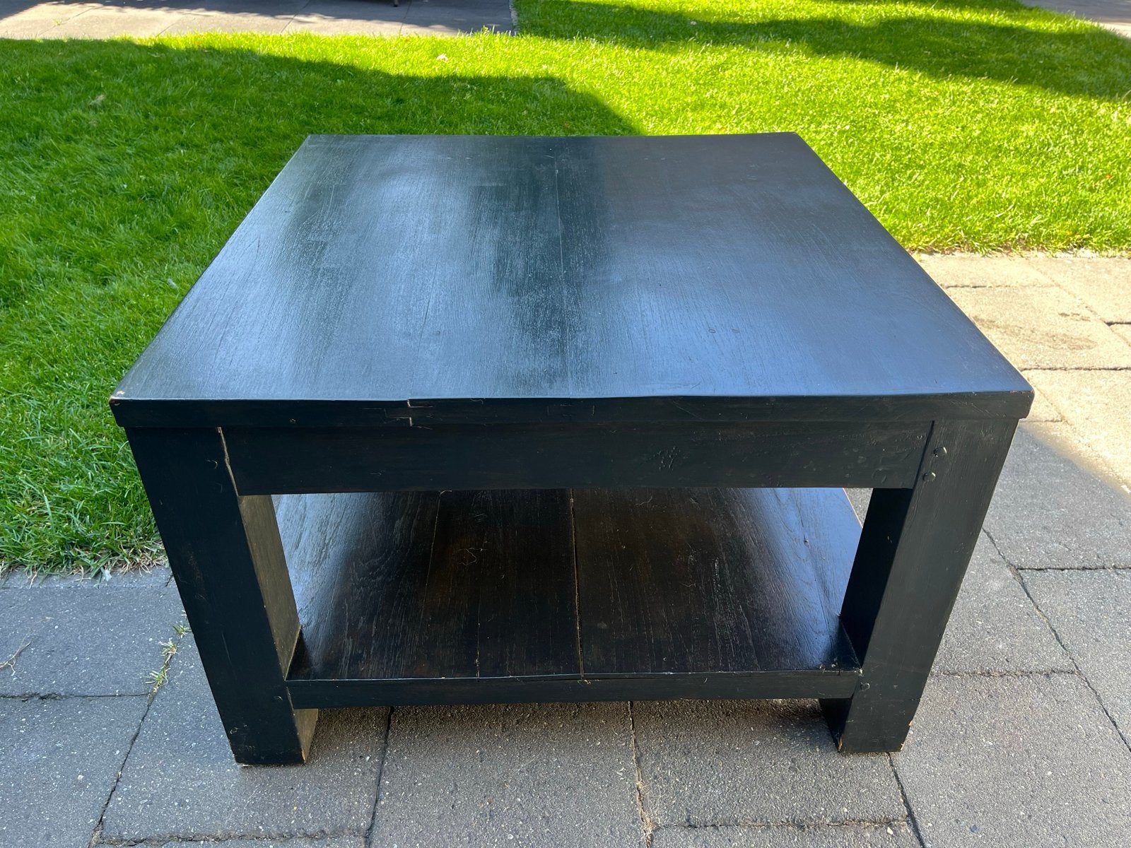 Teak houten salontafel , zwart / old grey, Ophalen, Gebruikt, 100 tot 150 cm, 50 tot 100 cm