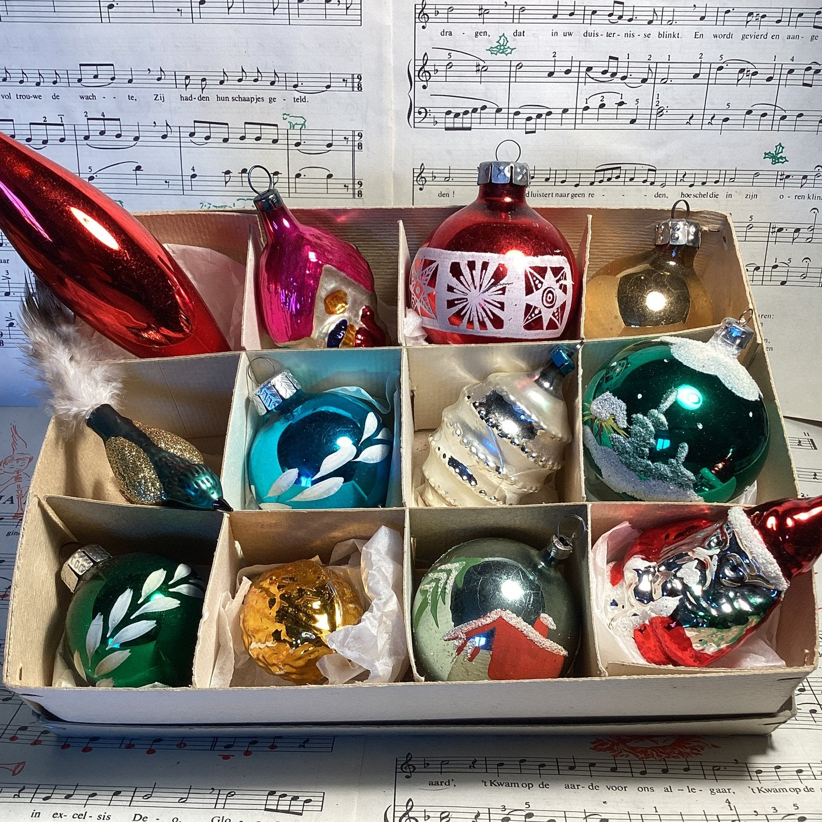 Doos met oude kerstbalfiguren van glas, Ophalen of Verzenden, Zo goed als nieuw