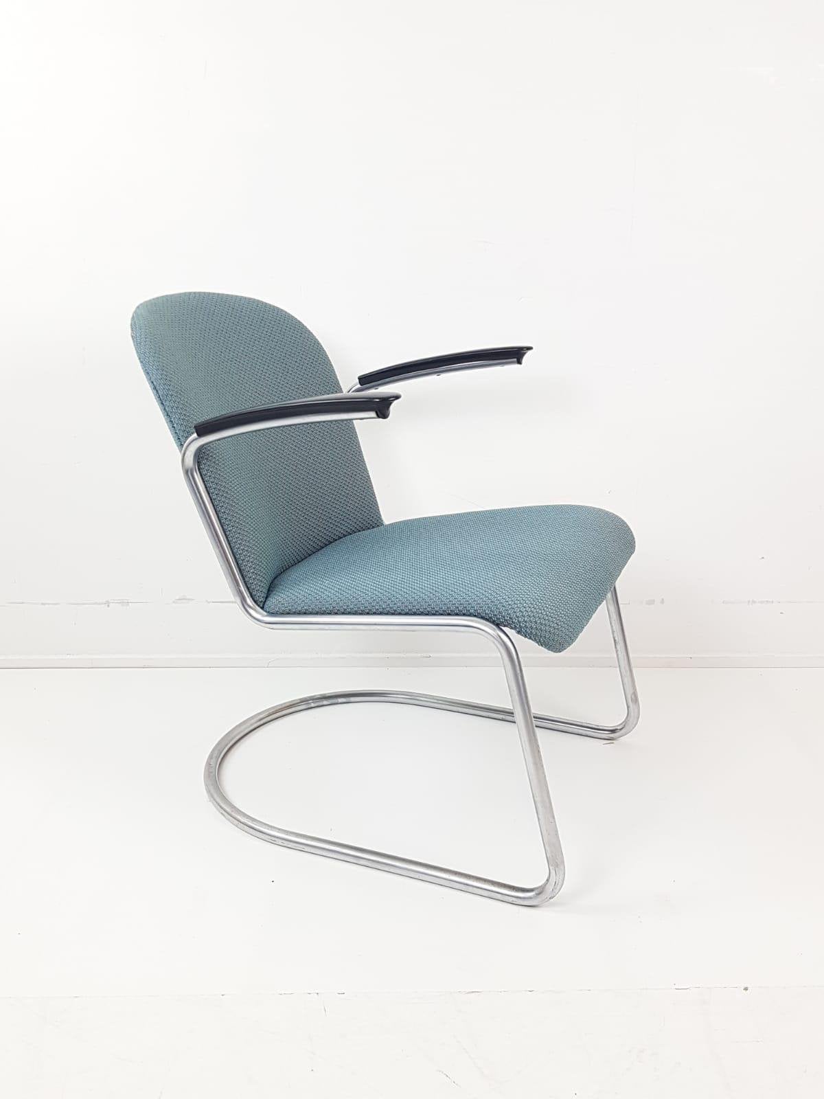 Vintage Gispen fauteuil 413 nieuw ploegstof blauw grijs, Modern vintage, Blauw, ., Ophalen of Verzenden