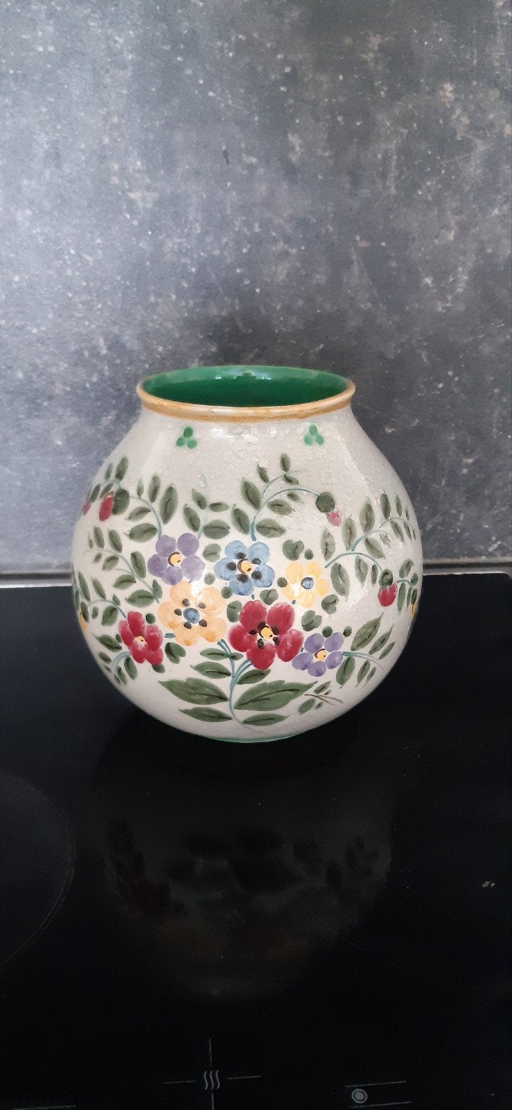 Vintage Gouda Holland vaas, handgeschilderd bloemmotief, Ophalen