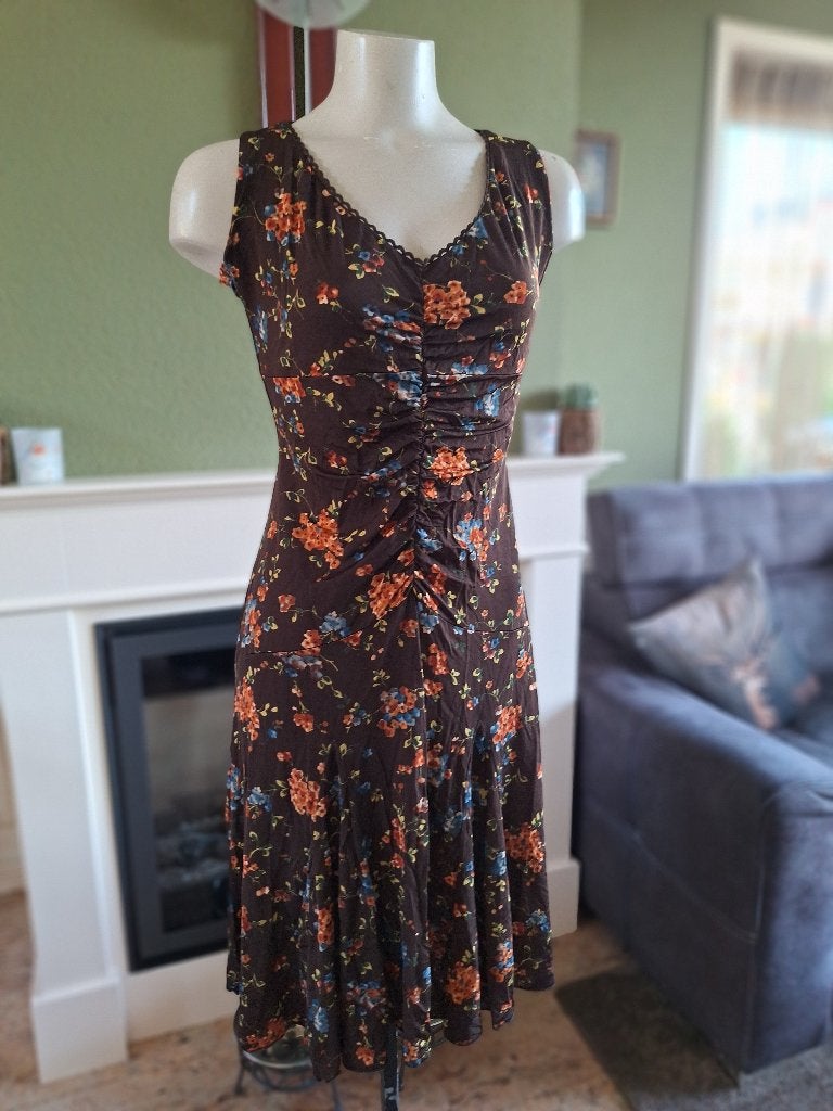 Sandro Ferrone prachtige donker bruine bloemen jurk mt L, Bruin, Verzenden, Maat 42/44 (L), Sandro ferrone