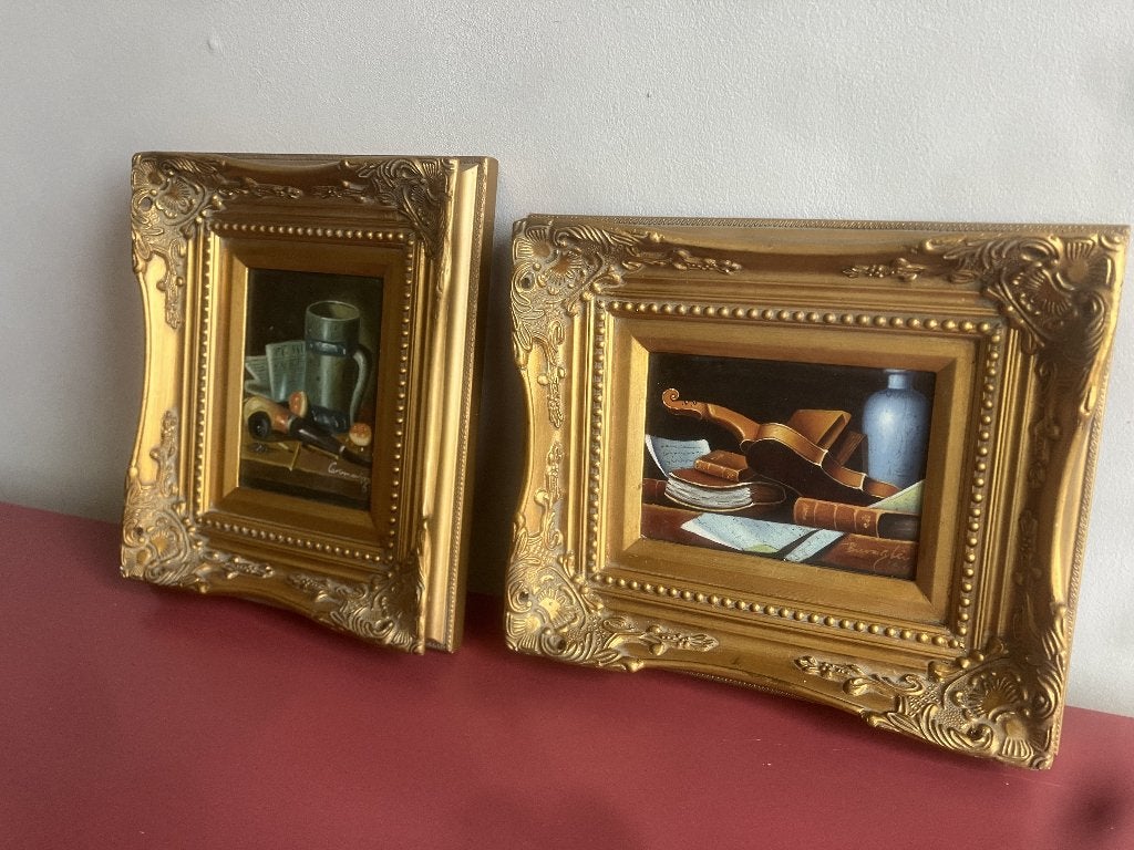Twee prachtige  klassieke miniatuur stillevens - olieverf, Antiek en Kunst, Kunst | Schilderijen | Klassiek, Doek, Overige technieken