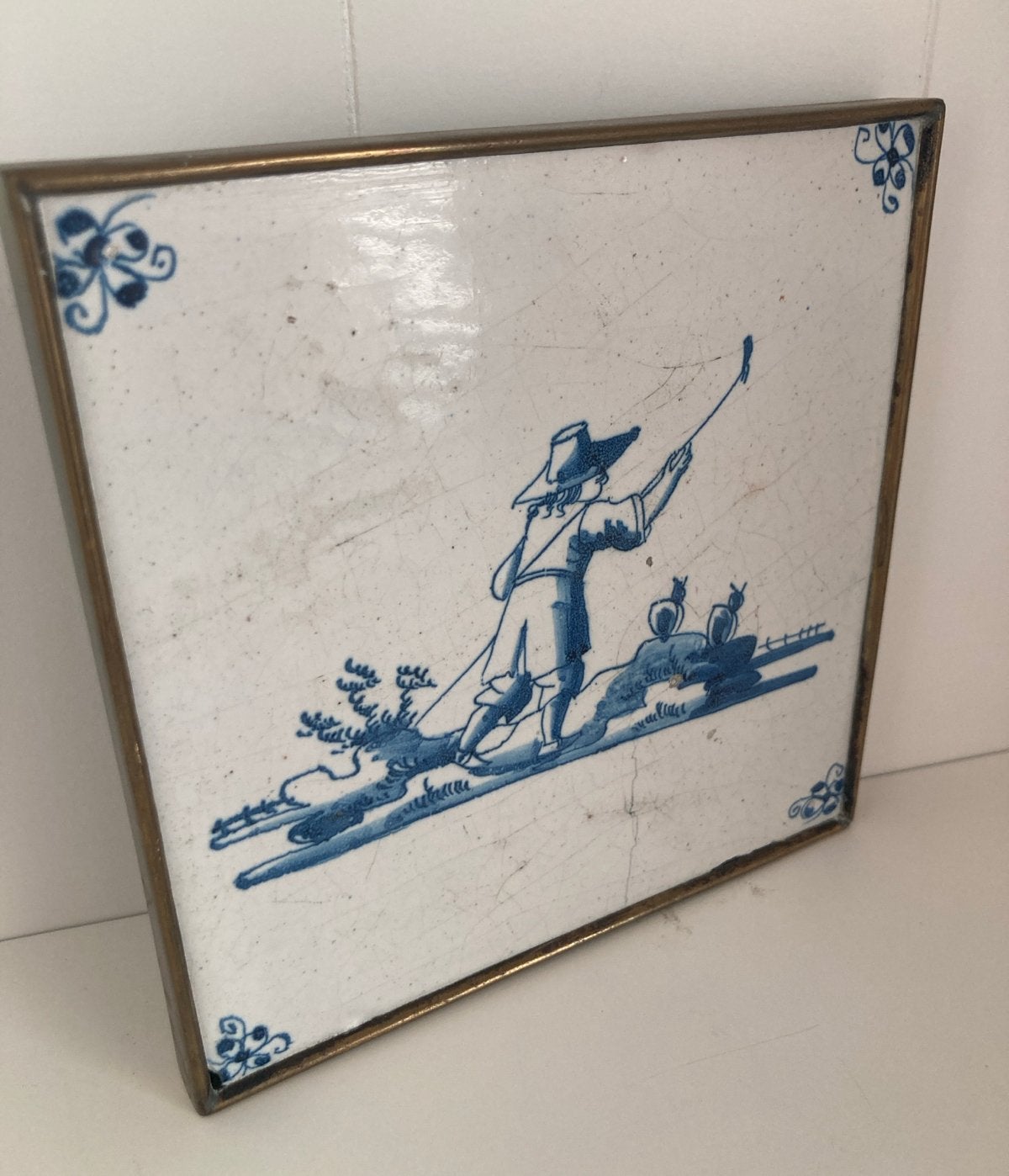 Antieke Delfts blauwe tegel herder in messing Lijst, Verzenden