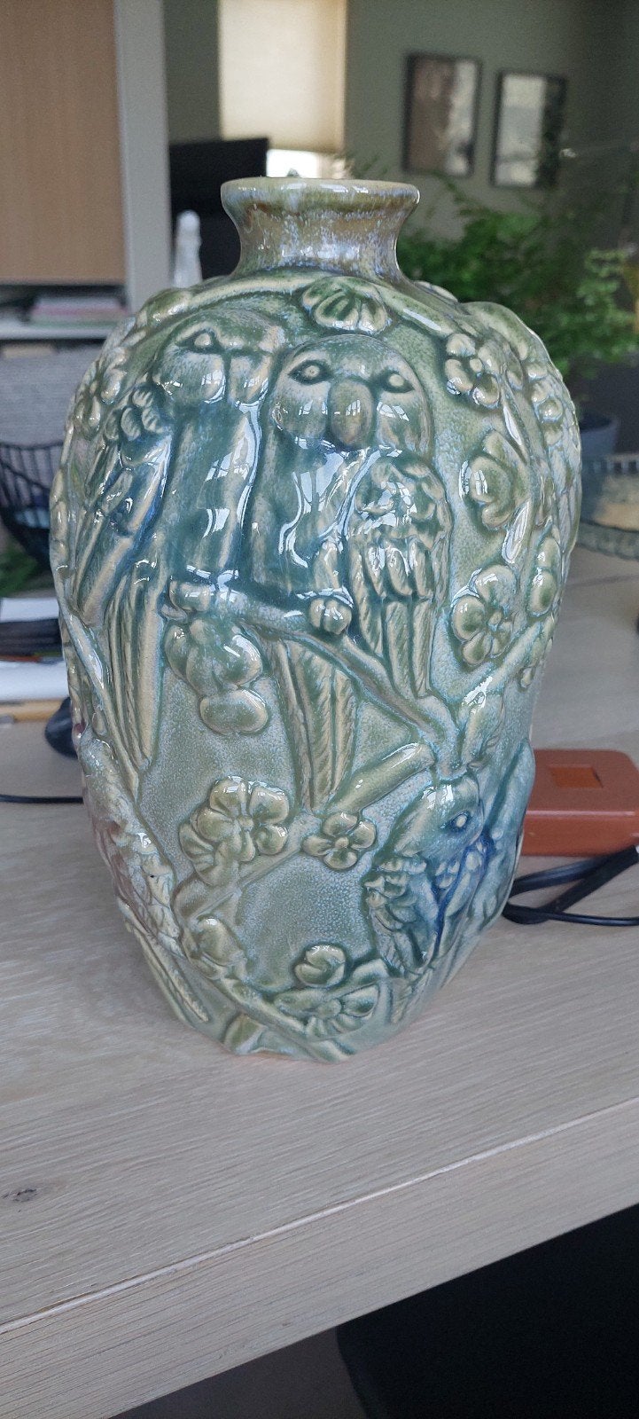 Leuke  keramische vaas met vogelmotief, Ophalen, Blauw