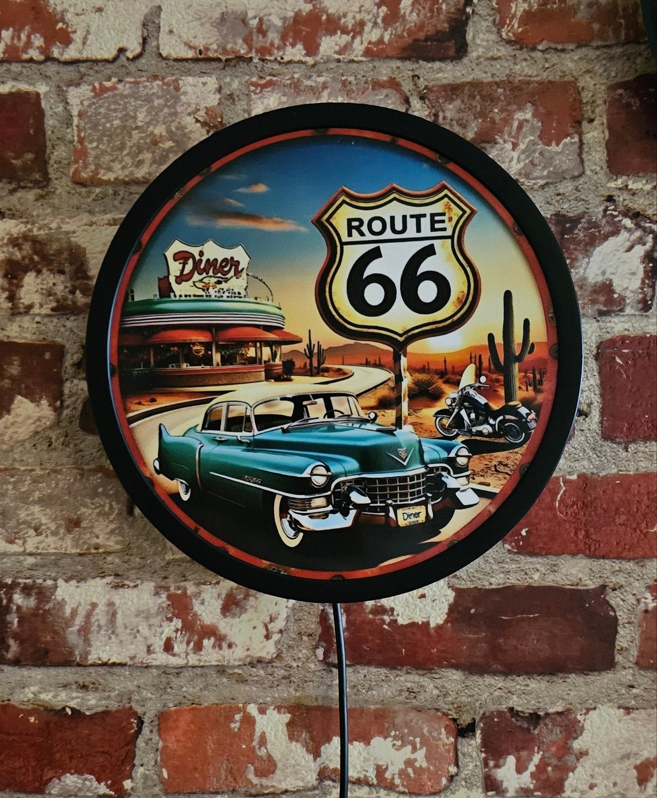Route 66 Reclamebord met LED-verlichting - 20 cm, Ophalen of Verzenden