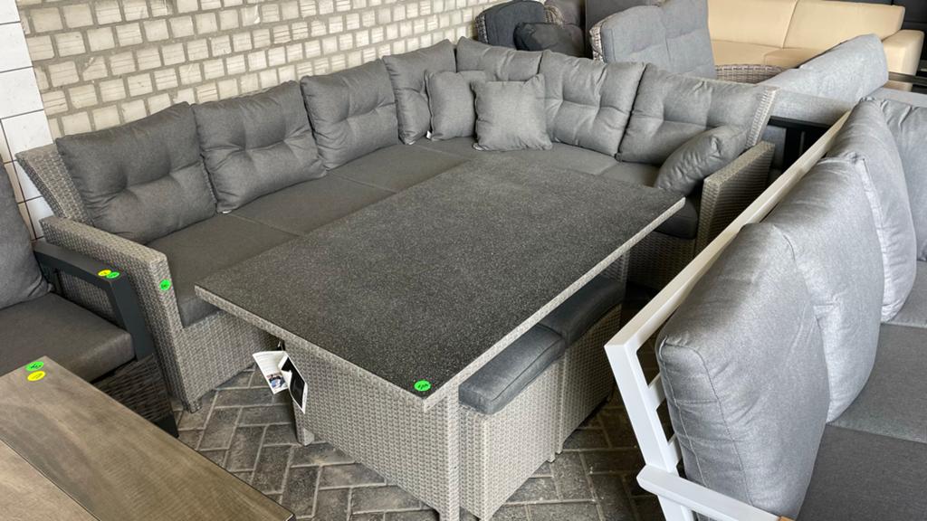 Loungeset hoekbank met tafel en 2 hockers - Compleet voor 5, Ophalen, 5 zitplaatsen, Gebruikt, Loungeset