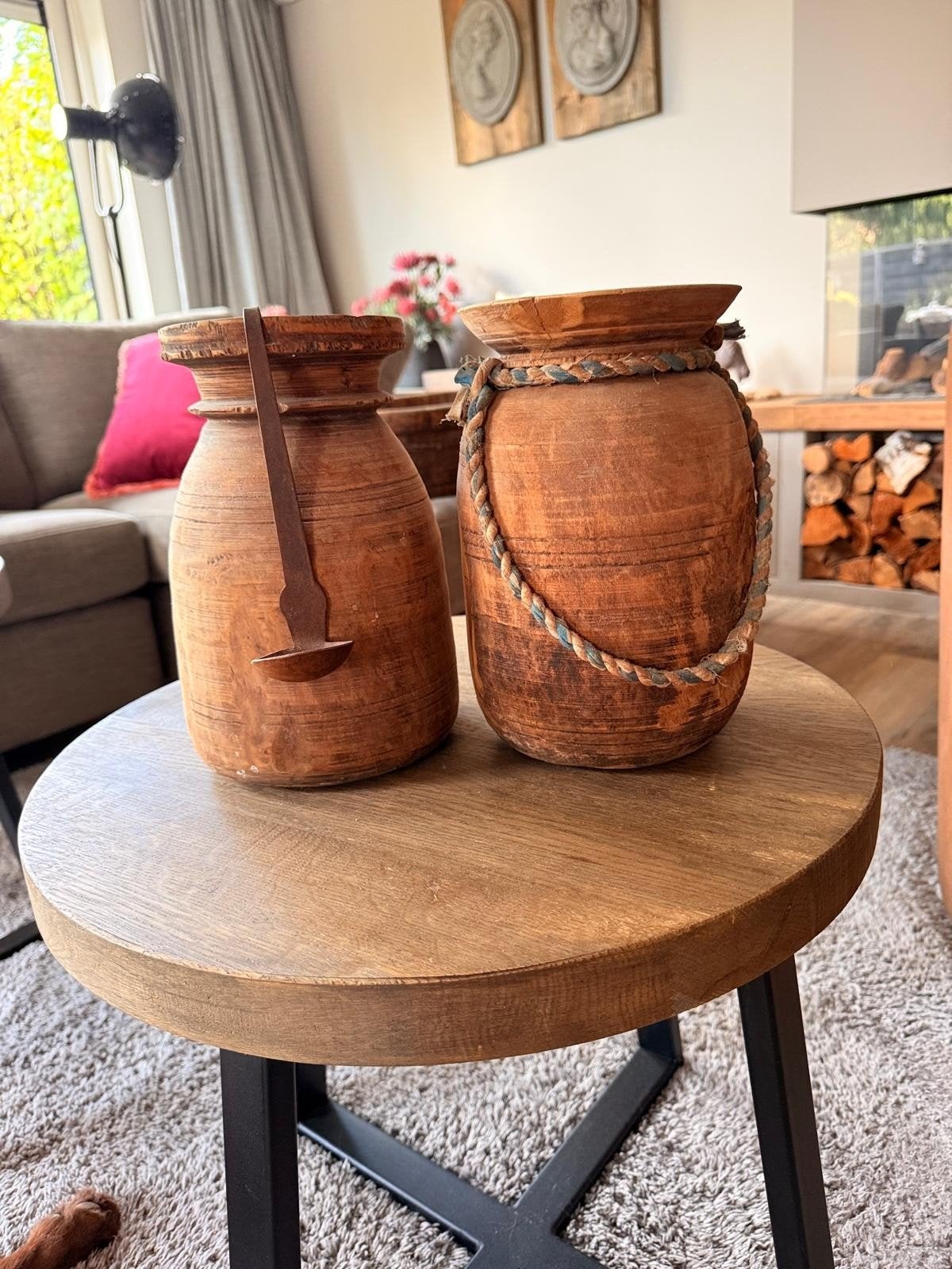Nepalese houten potten, Rond, Pot of Kruik, Ophalen of Verzenden, Zo goed als nieuw