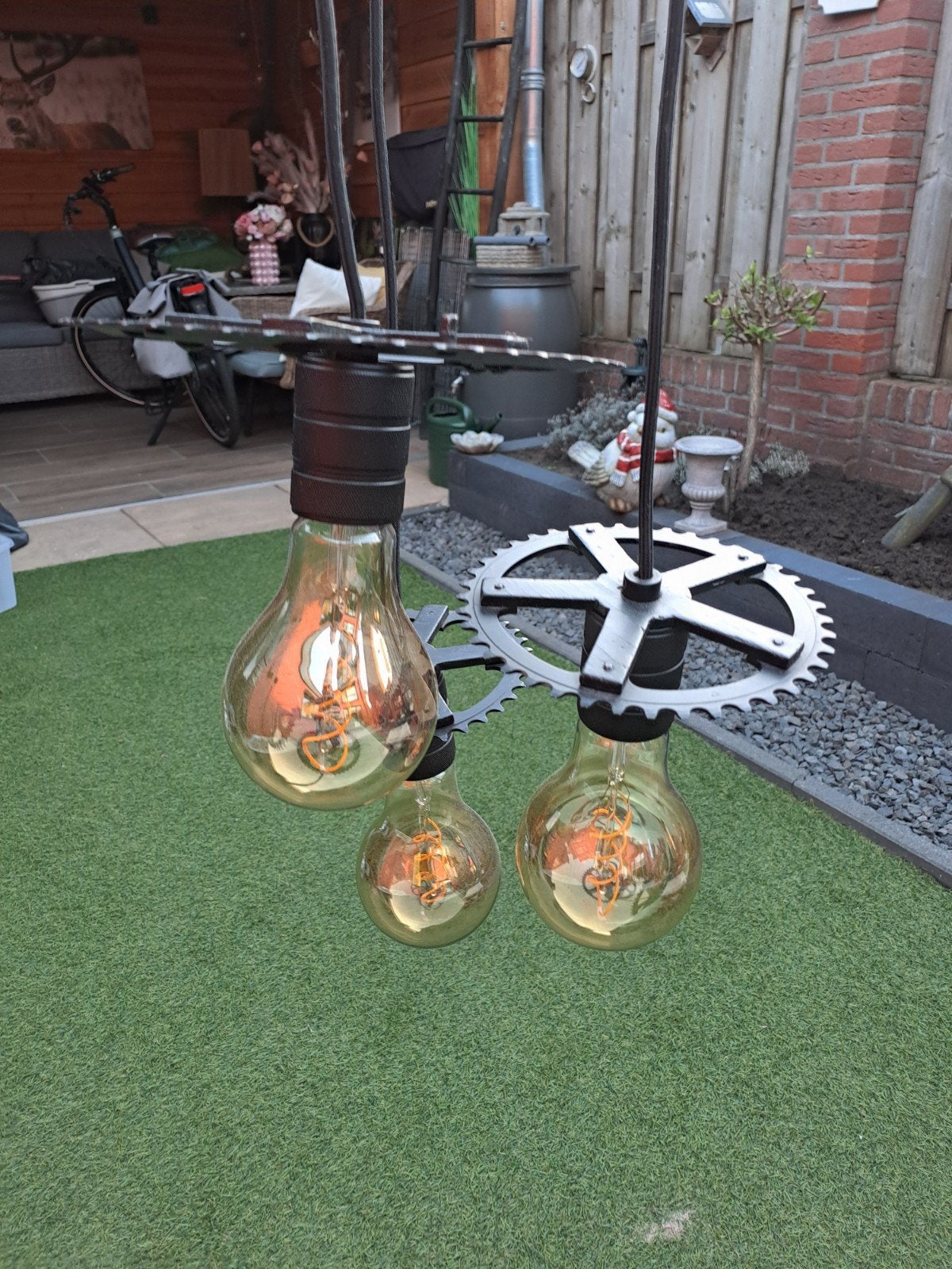 Industriële hanglamp met tandwielen en Edison lampen, Gebruikt, Glas, Industrieel, Vintage, E27 (groot)
